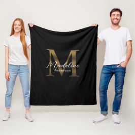 Elegantes Script Metallic Black Gold Monogramm Fleecedecke
