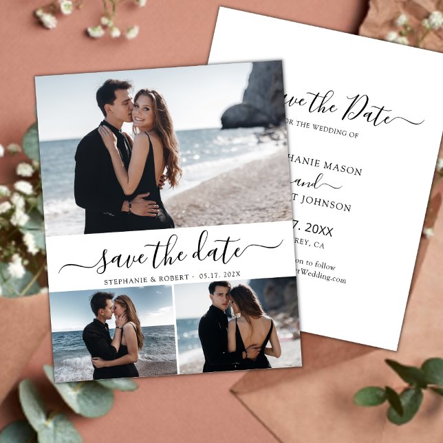 Elegantes Script Minimal 3 Foto Collage Wedding Save The Date (Von Creator hochgeladen)