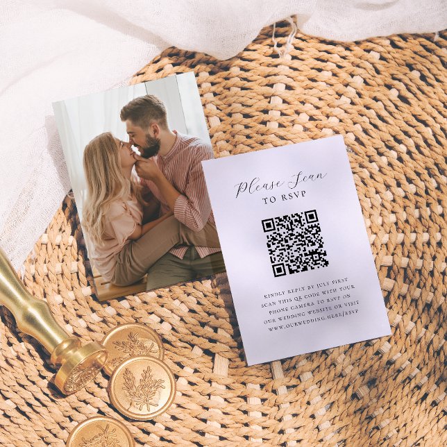 Elegantes Script Minimal Foto QR Code Hochzeit RSV Begleitkarte (Von Creator hochgeladen)