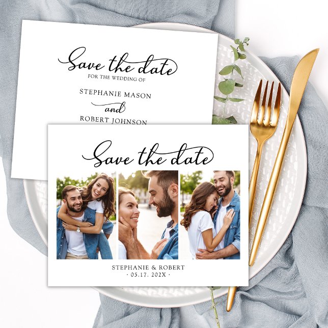 Elegantes Script Minimalistisch 3 Foto Collage Wed Save The Date (Von Creator hochgeladen)