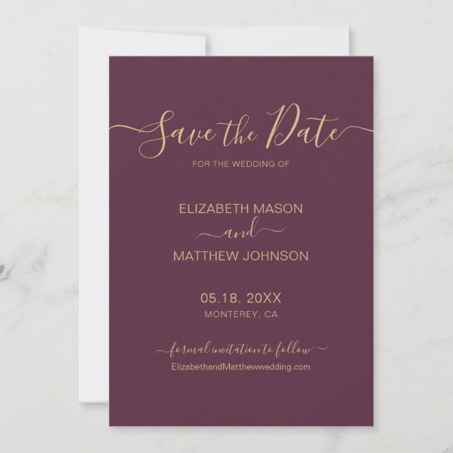 Elegantes Script Minimalistisch Burgundy Gold Wedd Save The Date (Vorderseite)