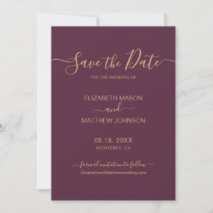 Elegantes Script Minimalistisch Burgundy Gold Wedd Save The Date