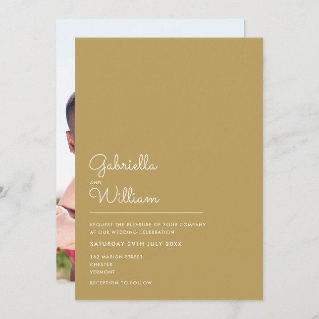 Elegantes Script Minimalistisch Gold Foto Hochzeit Einladung (Vorne/Hinten)