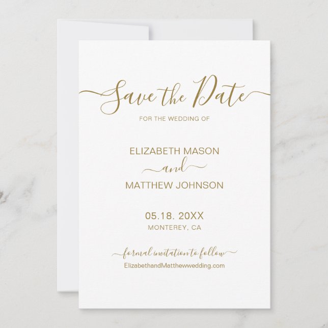 Elegantes Script Minimalistisch Gold und White Wed Save The Date (Vorderseite)