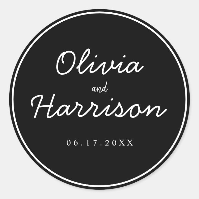Elegantes Script Minimalistisch Moderne Hochzeitst Runder Aufkleber (Vorderseite)