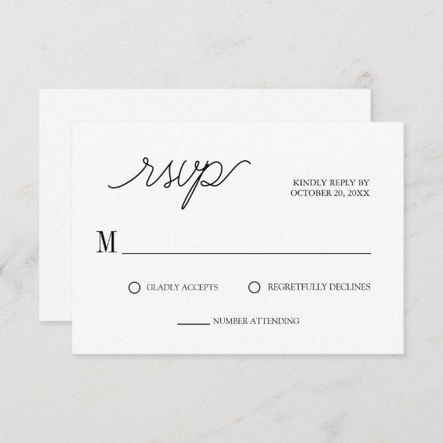 Elegantes Script Minimalistisch White Wedding RSVP Karte (Vorne/Hinten)