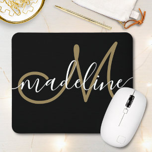 Elegantes Script Mit Monogramm Black Gold Mousepad