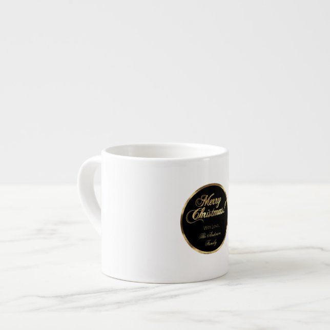 Elegantes Script Moderne Schwarz und Gold Weihnach Espressotasse (Vorderseite Links)