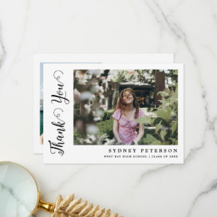 Elegantes Script Moderner Einfaches 2-Foto-Abschlu Dankeskarte