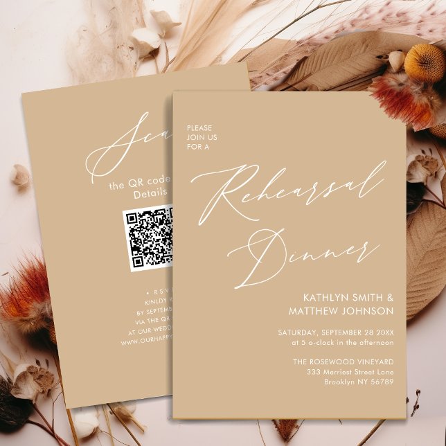 Elegantes Script Modernes Beige Probe Dinner QR Einladung (Von Creator hochgeladen)