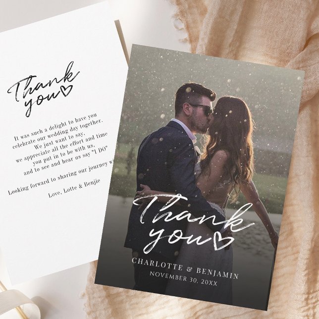 Elegantes Script Modernes Foto Hochzeit Vielen Dan Mitteilungskarte (Elegant Script Modern Photo Wedding Thank You Note Card)