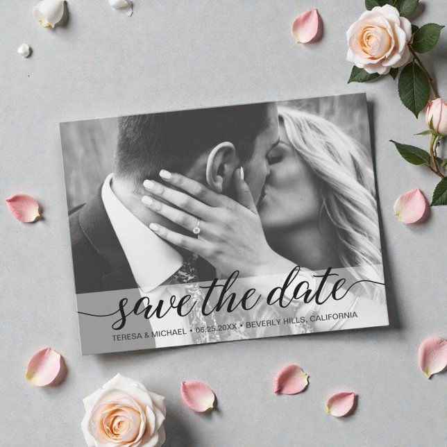 Elegantes Script Modernes Hochzeitsstichtum Verlob Postkarte (Elegant, modern, neutral engagement photo save the date script postcard.)