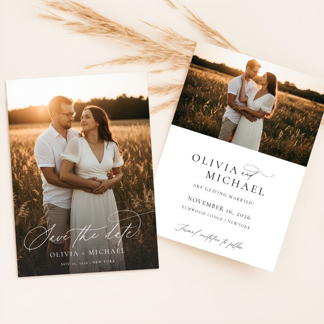 Elegantes Script Modernes Hochzeitsszenario-Foto Save The Date (Von Creator hochgeladen)