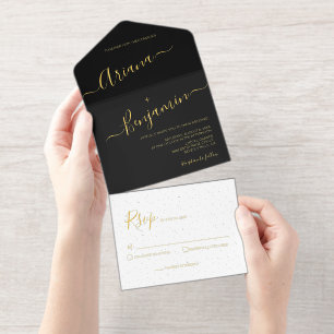 Elegantes Script Modernes Schwarz-weißes Gold Mini All-in-One-Einladung