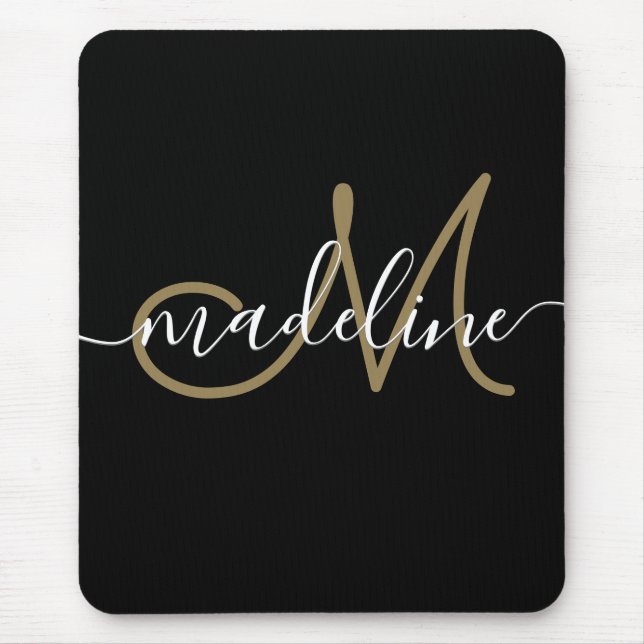Elegantes Script Monogram Black Gold Mousepad (Vorne)
