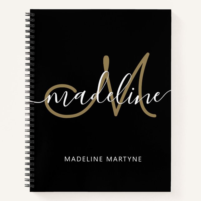 Elegantes Script Monogram Black Gold Notizbuch (Vorderseite)