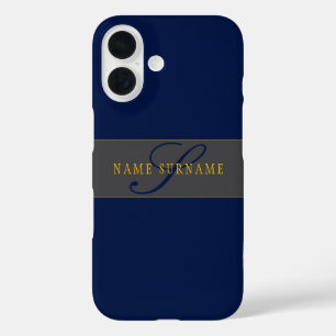 Elegantes Script Monogram Dark Navy Blue Gray & Go iPhone 16 Hülle