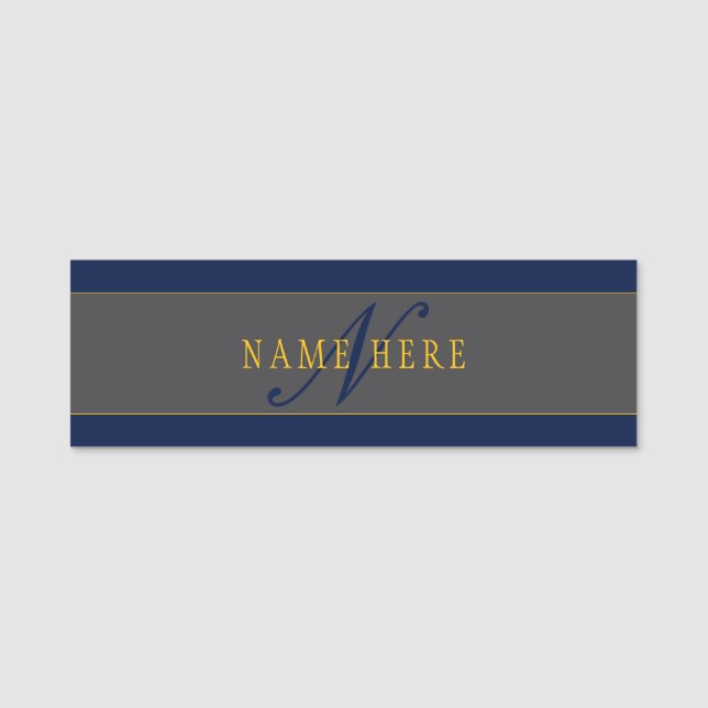 Elegantes Script Monogram Dark Navy Blue Gray & Go Namensschild (Vorderseite)