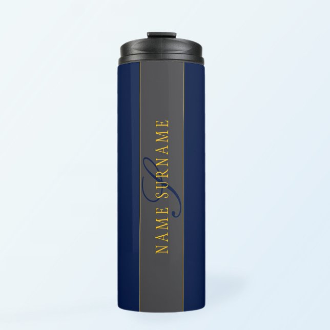 Elegantes Script Monogram Dark Navy Blue Gray & Go Thermosbecher (Von Creator hochgeladen)