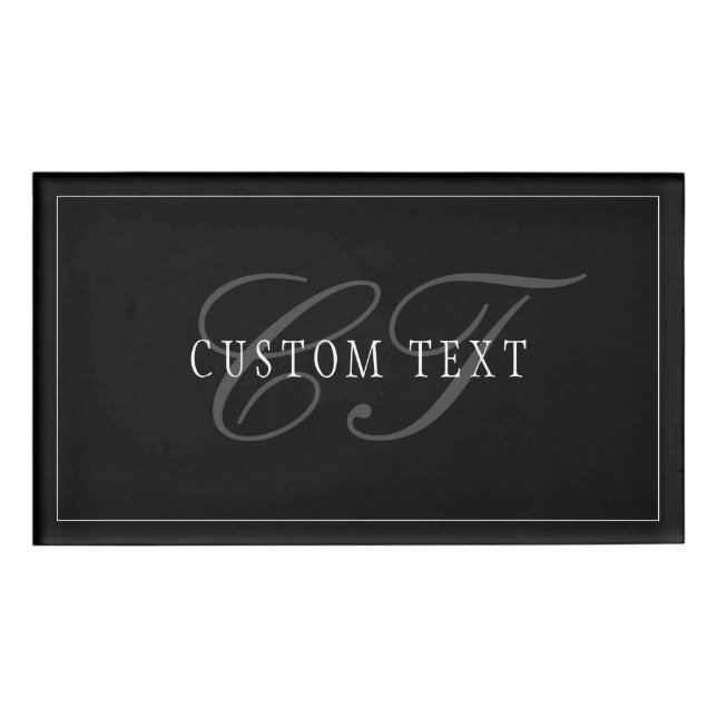 Elegantes Script Monogram Editable Black Gray Whit Namenschild (Vorderseite)