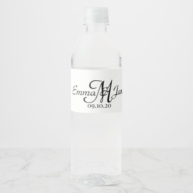 Elegantes Script Monogram Wedding Water Bottle Lab Wasserflaschenetikett (Vorderseite)
