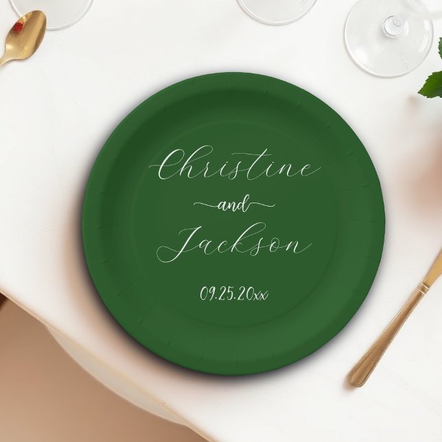 Elegantes Script Moss Green Wedding Pappteller (Von Creator hochgeladen)