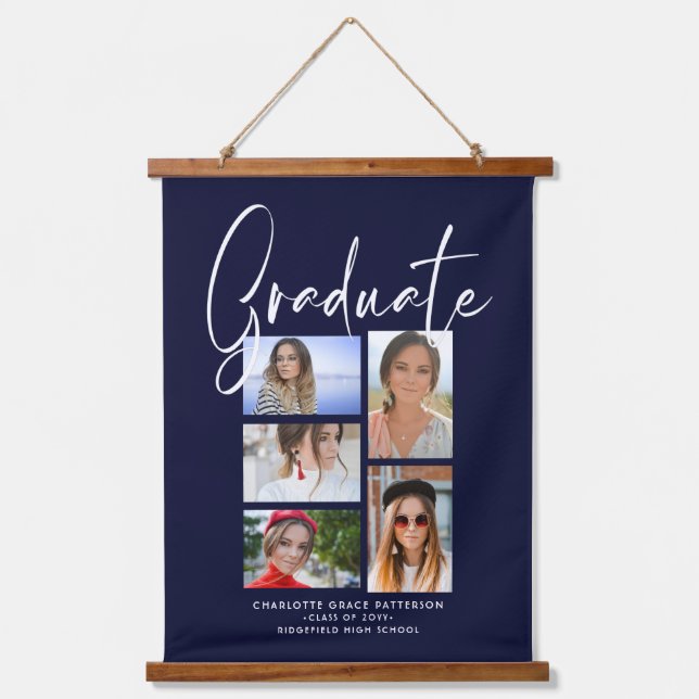 Elegantes Script Multi Foto Abschluss Graduate Han Wandteppich Mit Holzrahmen (Vorderseite)