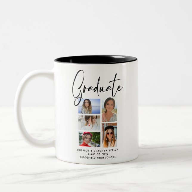 Elegantes Script Multi Foto Abschluss Graduate Zweifarbige Tasse (Links)