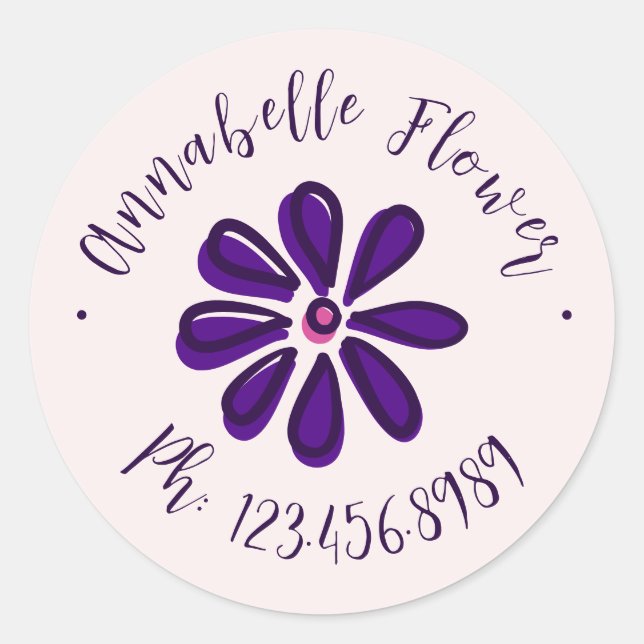 Elegantes Script - Name Telefon - Blume Runder Aufkleber (Vorderseite)