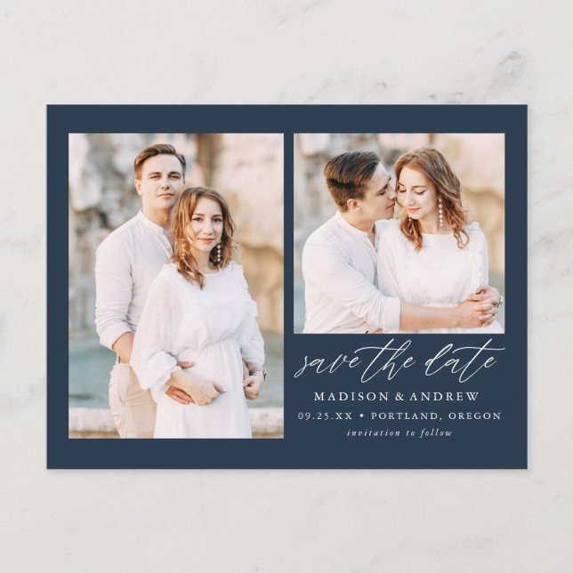 Elegantes Script Navy 2 Foto Save the Date Ankündigungspostkarte (Vorderseite)
