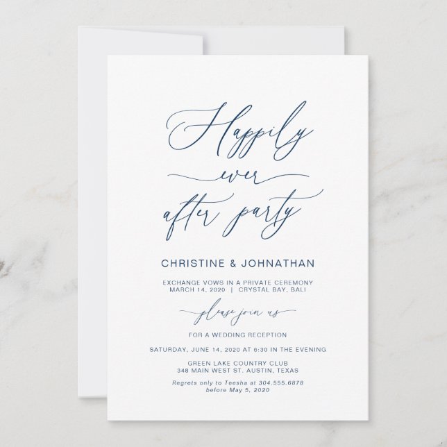 Elegantes Script, Navy Blue, Hochzeitsfeier Einladung (Vorderseite)