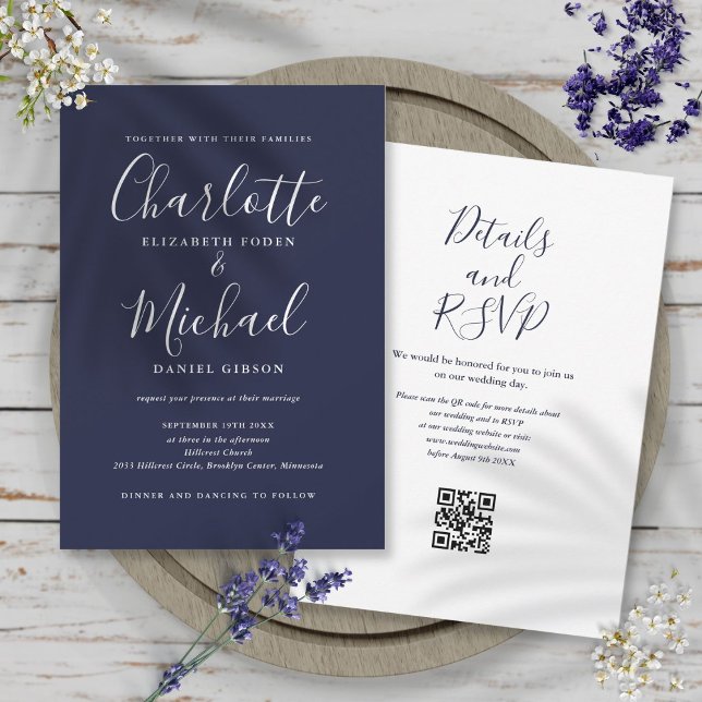 Elegantes Script Navy Blue QR Code Hochzeit Einladung (Elegant Script Navy Blue QR Code Wedding Invitation)