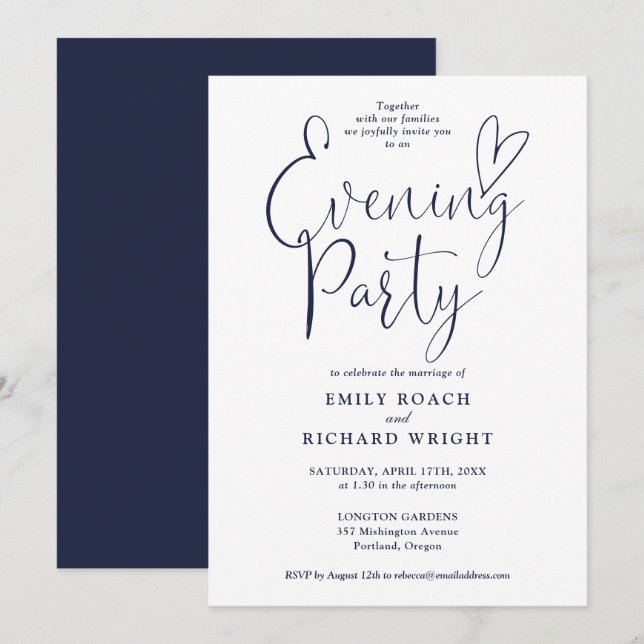 Elegantes Script Navy Blue Wedding Abend Party Einladung (Vorne/Hinten)