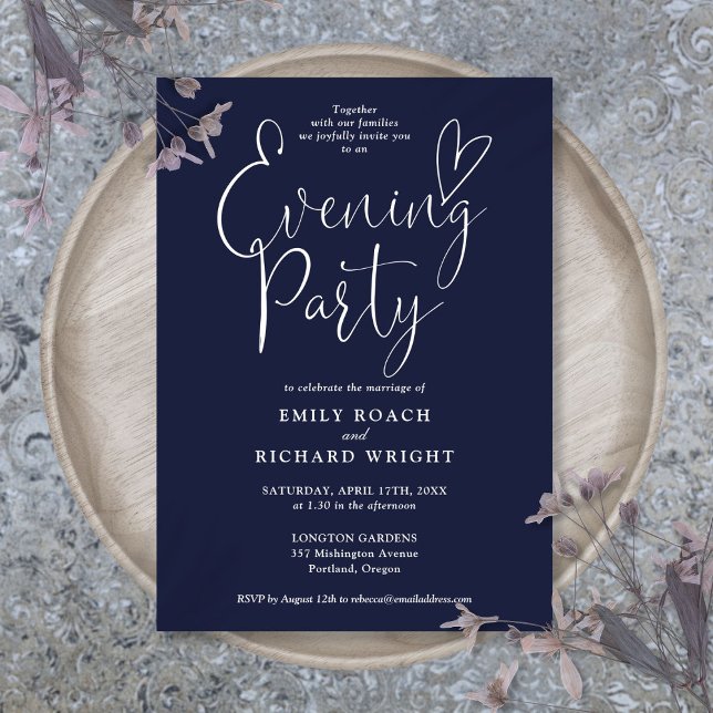Elegantes Script Navy Blue Wedding Abend Party Einladung (Elegant Script Navy Blue Wedding Evening Party Invitation)