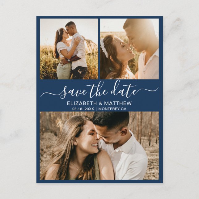 Elegantes Script Navy Foto Budget Save the Date Ankündigungspostkarte (Vorderseite)