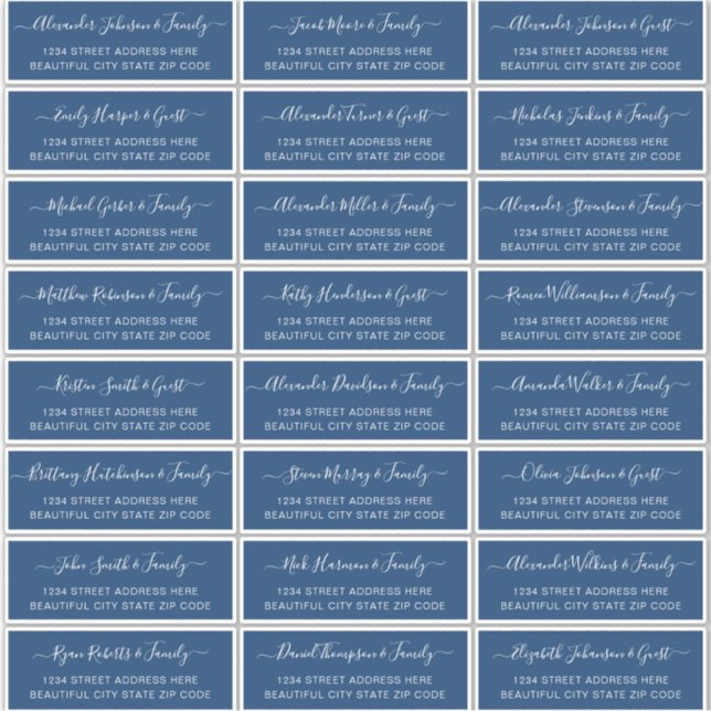 Elegantes Script Navy White Wedding Guest Address Aufkleber (Vorderseite)
