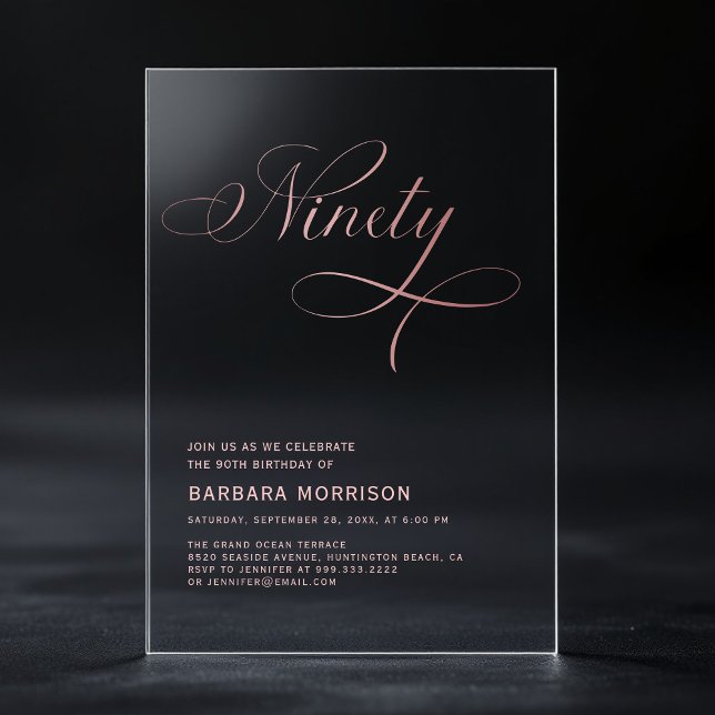 Elegantes Script Neunziges Rose Gold 90. Geburtsta Acryleinladungen (Von Creator hochgeladen)