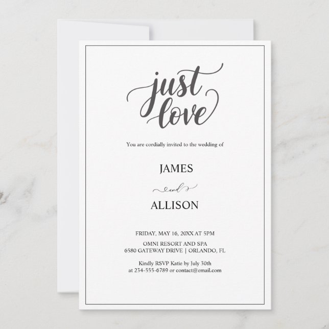 Elegantes Script nur Liebe Hochzeit Einladung (Vorderseite)