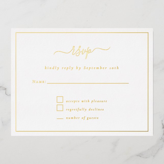Elegantes Script Party RSVP Karte Luxury Foil (Vorderseite)