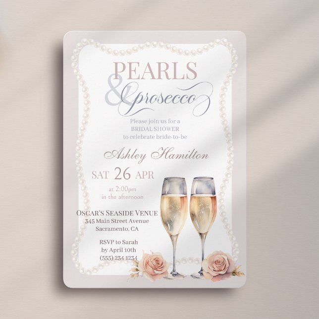 Elegantes Script Pearls & Prosecco Brautparty Einladung (Von Creator hochgeladen)