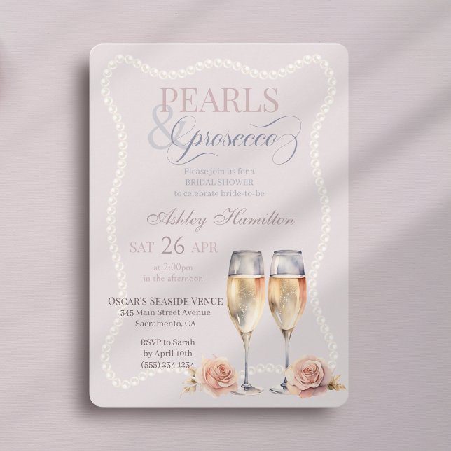 Elegantes Script Pearls & Prosecco Brautparty Einladung (Von Creator hochgeladen)