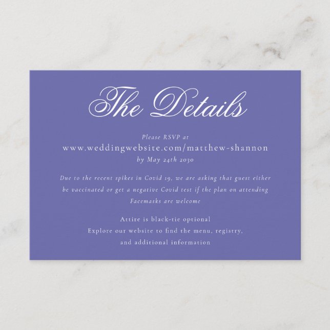 Elegantes Script Periwinkle Blue Wedding Details Begleitkarte (Vorderseite)