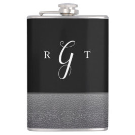 Elegantes Script Personalisiert Monogram Gray Leat Flachmann