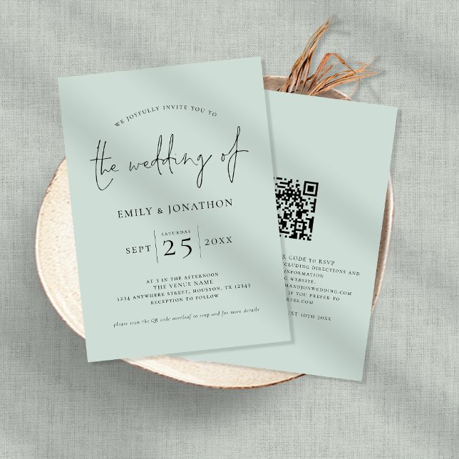 Elegantes Script QR Code Mint Green Wedding Einladung (Von Creator hochgeladen)