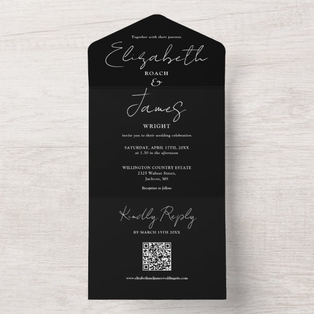 Elegantes Script QR Code Schwarz-Weiß-Hochzeit All In One Einladung (Innen Boden)