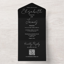 Elegantes Script QR Code Schwarz-Weiß-Hochzeit All In One Einladung