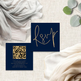 Elegantes Script QR Navy Gold Wedding RSVP Begleitkarte