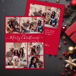 Elegantes Script Red 5 Foto Collage Weihnachten<br><div class="desc">Modern Simple Elegant Calligraphy Red 5 Foto Collage Frohe Weihnachts Script Holiday Card. Dieses festliche, minimalistische, skurrile 5 (5) Foto Feiertagskarte Template verfügt über eine hübsche Gitter Foto Collage und sagt "Frohe Weihnachten"! Der "Frohe Weihnachten"-Grußtext ist in einer schönen Hand geschrieben, Wirble Swash-Schwanz-Schriftart-Skript auf roten Hintergrund geschrieben. Auf der Rückseite...</div>