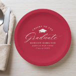 Elegantes Script Red Cheers to the Graduate Pappteller<br><div class="desc">Elegante Abschluss-Papier-Teller mit einem Graduierungspapier mit dem Satz "Cheers to the Graduate" in einem weißen Kalligraphieskript auf einem roten Hintergrund. Personalisieren Sie die modernen Abschluss-Papier-Teller mit dem Namen des Absolventen,  Schulname und Abschluss Jahr. Die einfachen Abschluss-Teller sind ideal für Ihr High School- oder Uni-Abschluss-Party.</div>