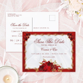 Elegantes Script Red Gold Floral Save the Date Ankündigungspostkarte